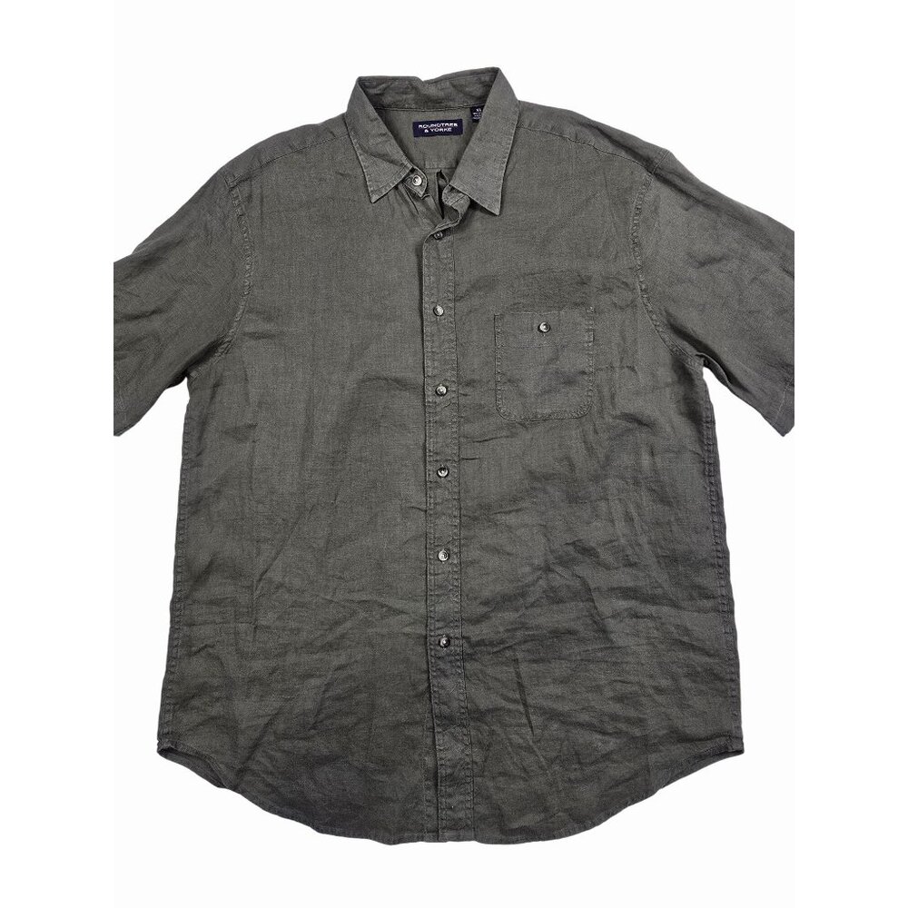 Roundtree & Yorke Mens XL 100% Linen Button-Up Shirt Olive Green Short Sleeve - Picture 1 of 3